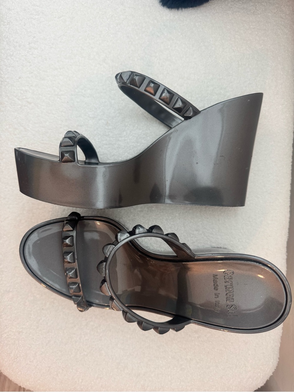 Smoky Gray Studded Wedge Slide Sandals